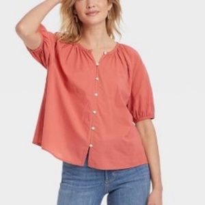 Universal Thread puff sleeve button down blouse rust short sleeve peasant top